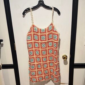 Aqua Colorful Crochet Patterned Women's Mini Dress